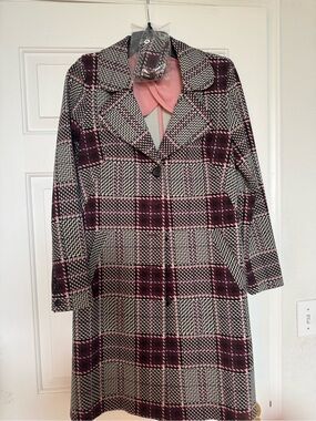 CAbi Pink and Black Plaid Single-Button Coat with Cream Accents